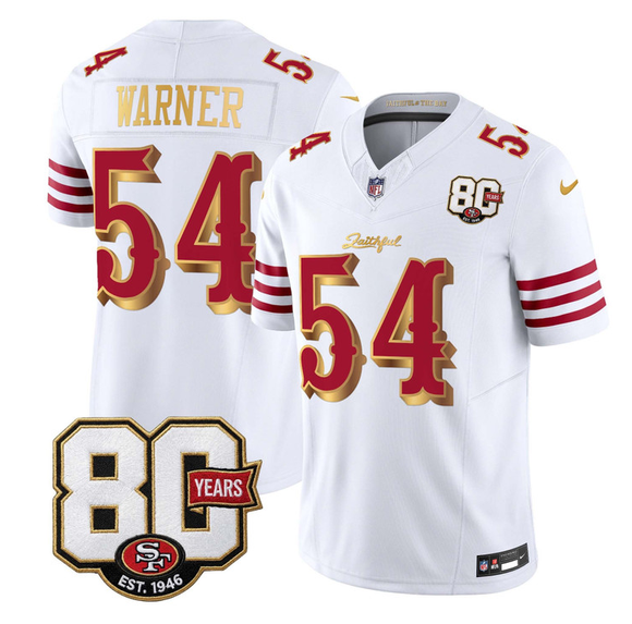 Men's White Gold San Francisco 49ers #54 Fred Warner 80th Anniversary Patch “Rivalries” 2026 F.U.S.E. Vapor Untouchabl Limited Stitched Football Jersey